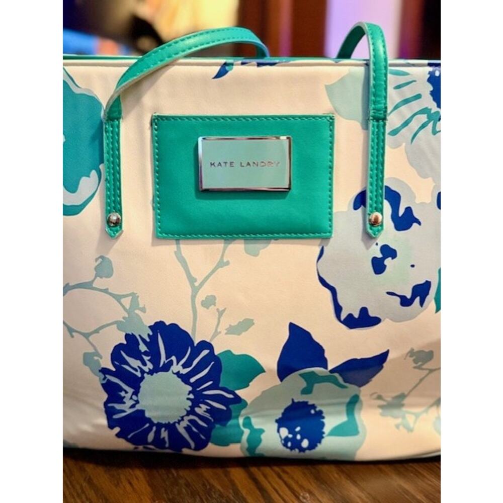 Kate Landry Floral Tote Bag Blue Green White Summer Beach Shoulder Bag - Picture 4 of 11